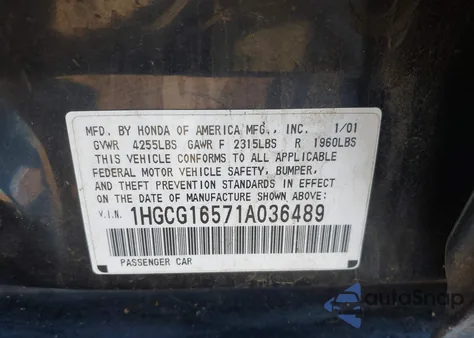 2001 Honda Accord 3.0 Ex из США, поврежденный, VIN 1HGCG16571A036489